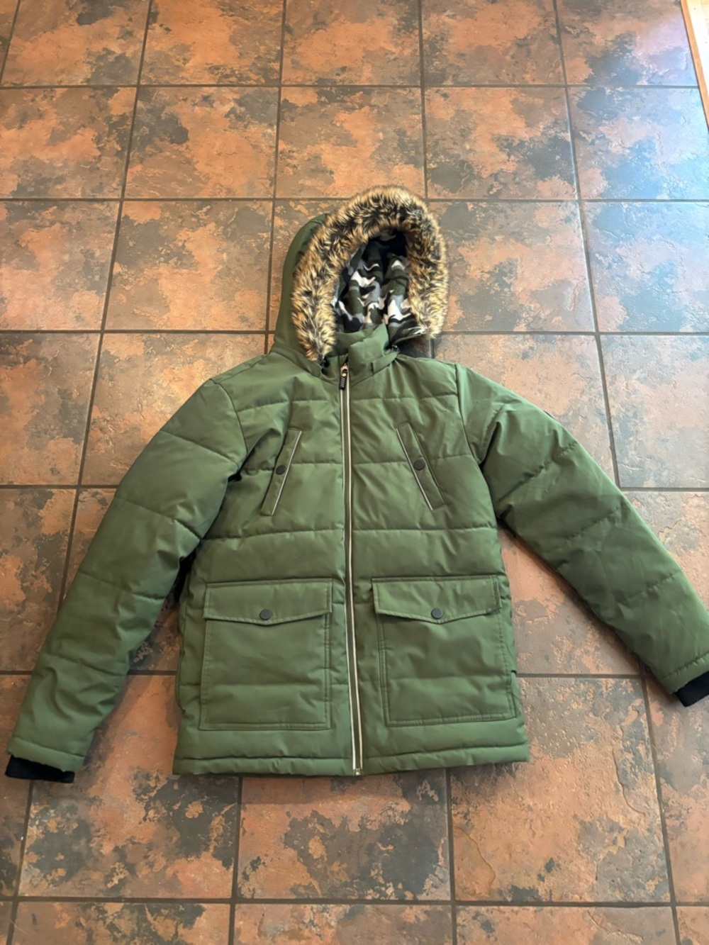 Green Puffer Jacket with Faux Fur Hood